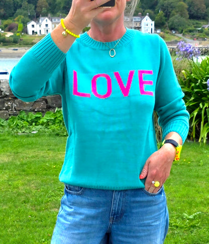 Turquoise & Pink 'LOVE' Cotton Jumper