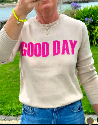 Beige & Pink 'GOOD DAY' Cotton Jumper