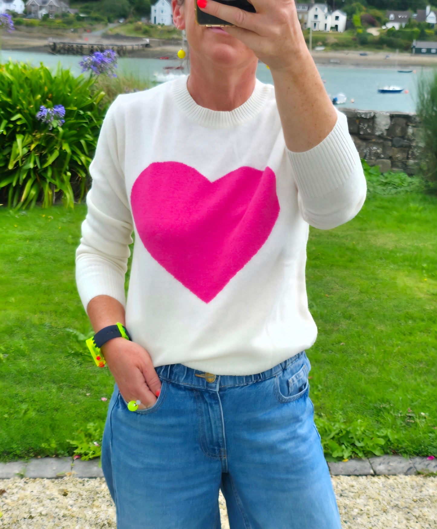 Cream & Pink Heart Wool-Cashmere Blend Jumper
