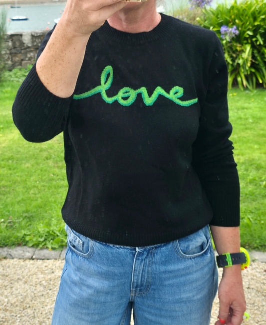 Black & Green 'love' Script Wool- Cashmere Blend Jumper