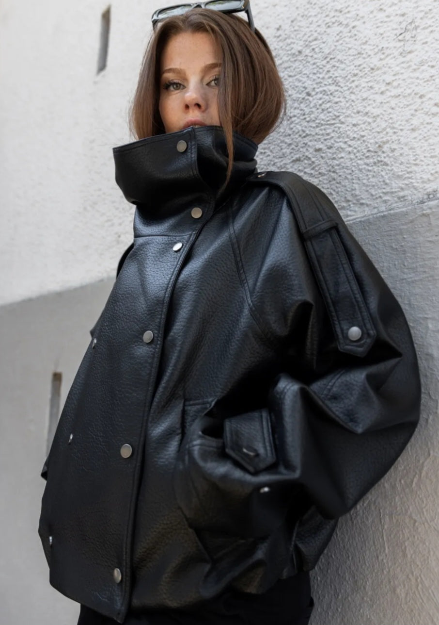 Grained Faux Leather Funnel Neck Double Breasted Jacket