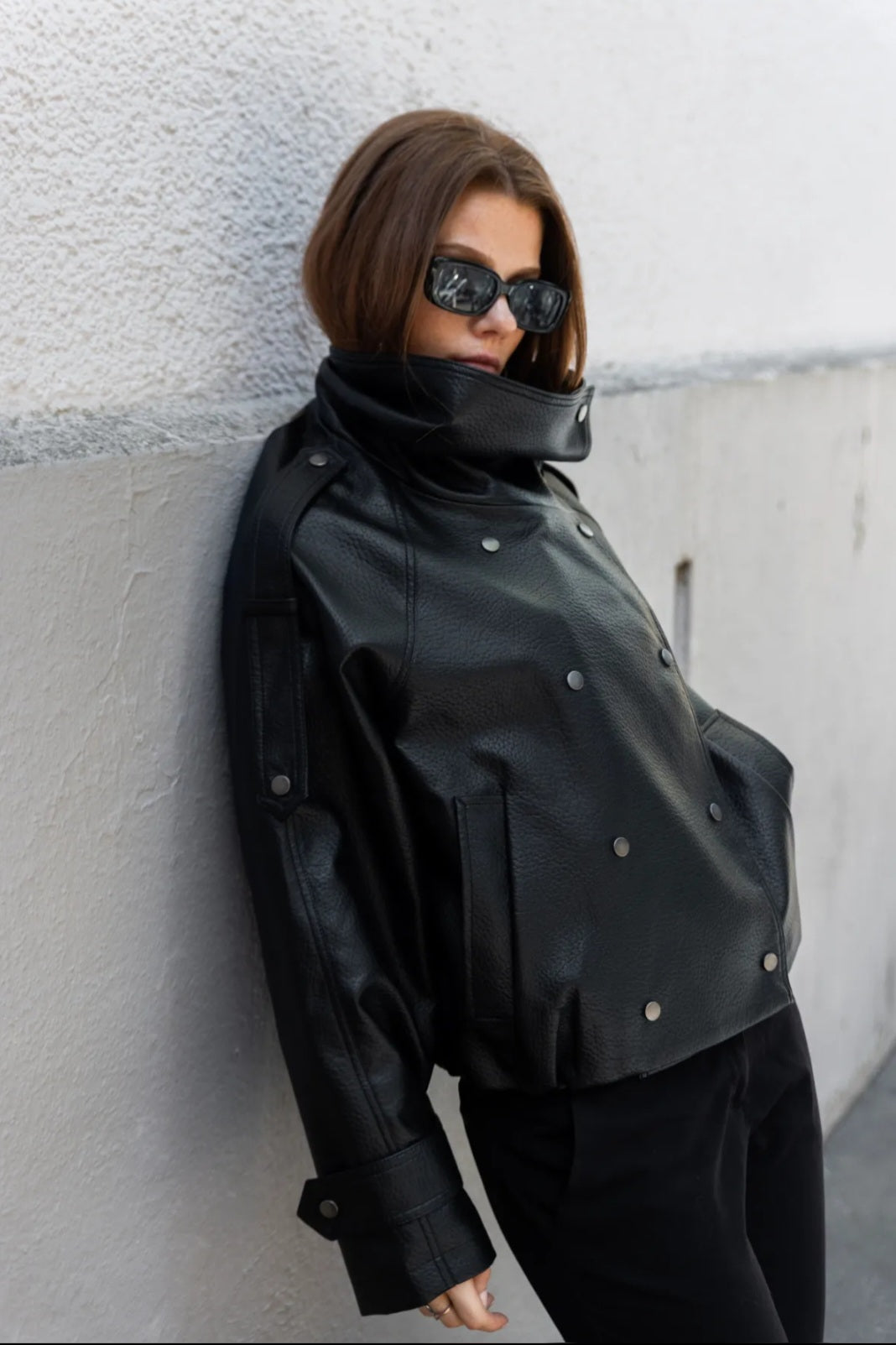 Grained Faux Leather Funnel Neck Double Breasted Jacket
