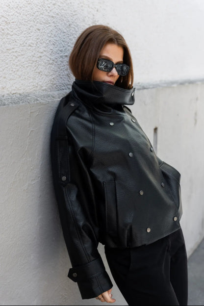 Grained Faux Leather Funnel Neck Double Breasted Jacket