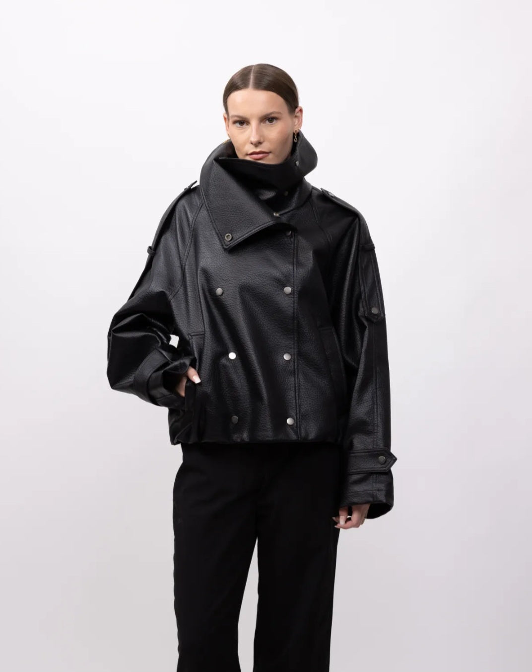 Grained Faux Leather Funnel Neck Double Breasted Jacket