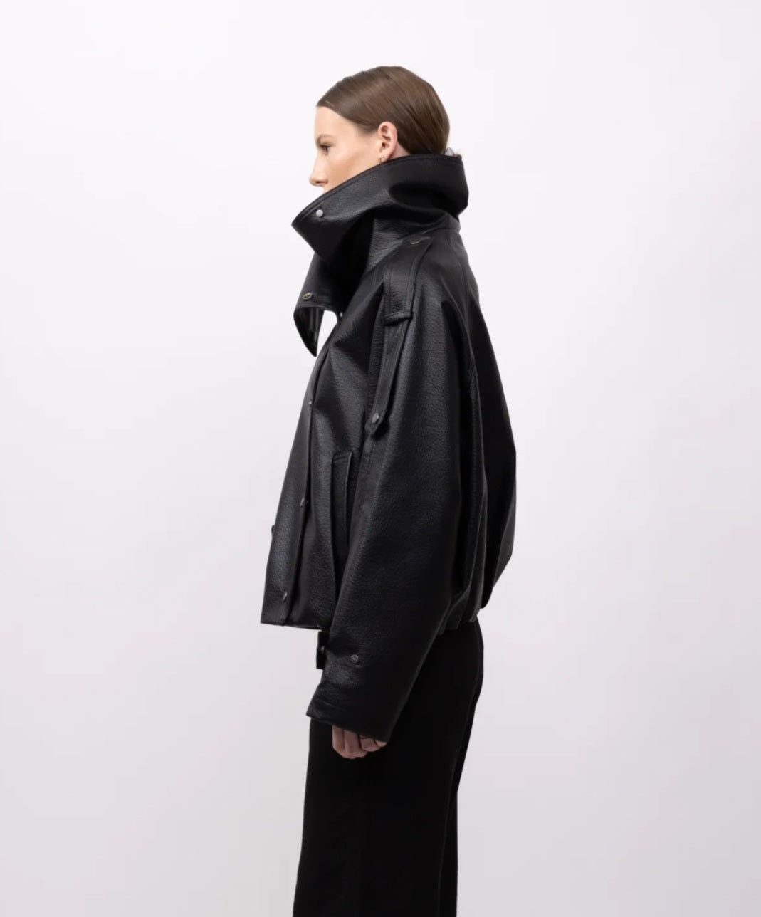 Grained Faux Leather Funnel Neck Double Breasted Jacket
