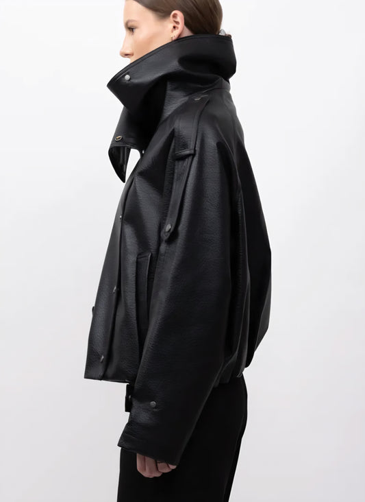 Grained Faux Leather Funnel Neck Double Breasted Jacket