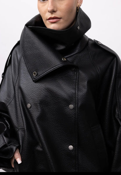 Grained Faux Leather Funnel Neck Double Breasted Jacket