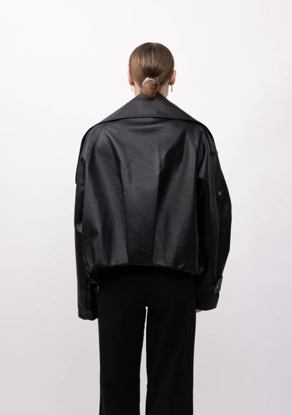 Grained Faux Leather Funnel Neck Double Breasted Jacket