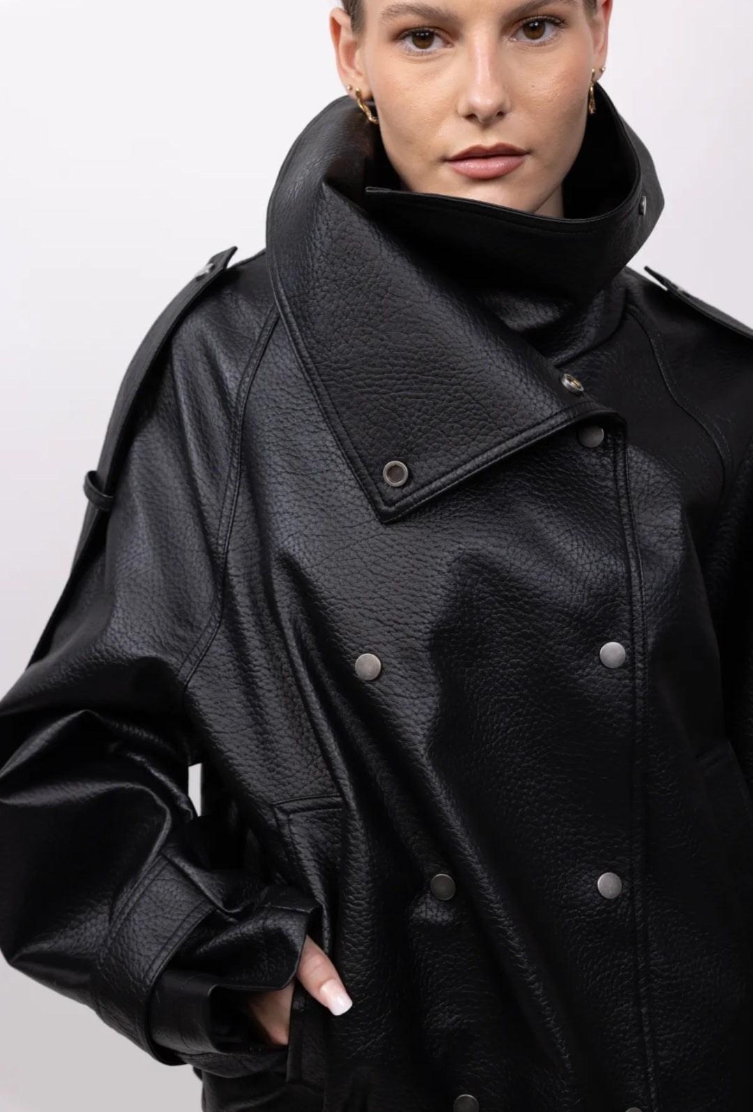 Grained Faux Leather Funnel Neck Double Breasted Jacket