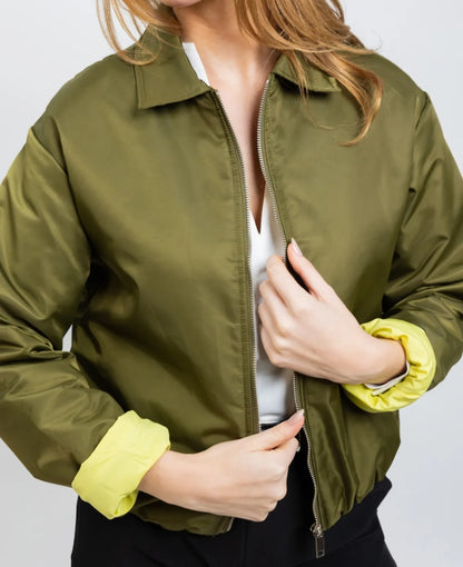 Water Repellant Collared Bomber Jacket with Contrast Lining