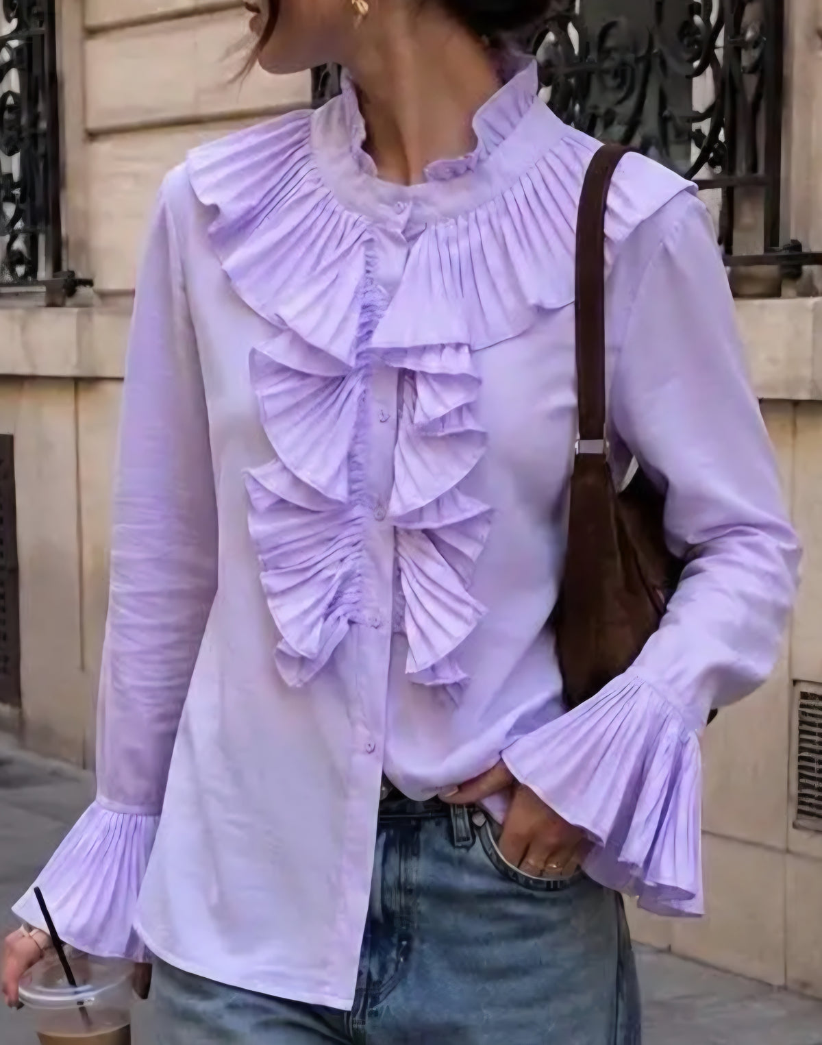 Lilac Pleated Ruffle Statement Blouse