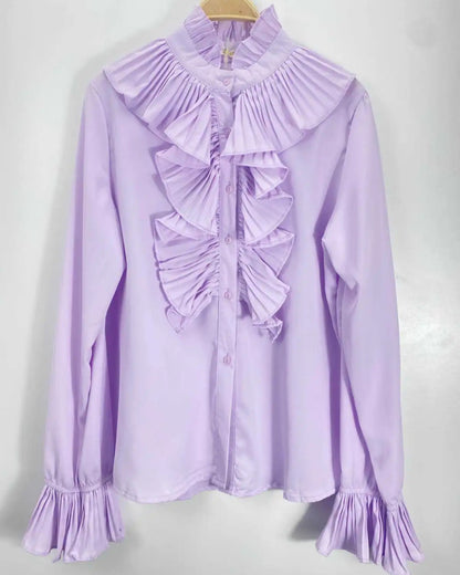 Lilac Pleated Ruffle Statement Blouse