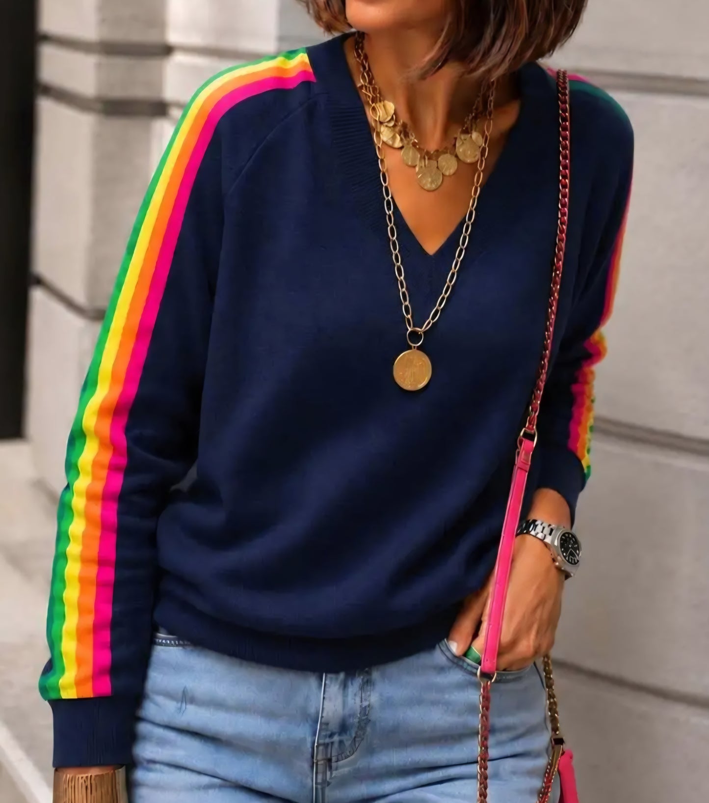 Navy Blue Rainbow Side-Stripe V Neck Jumper