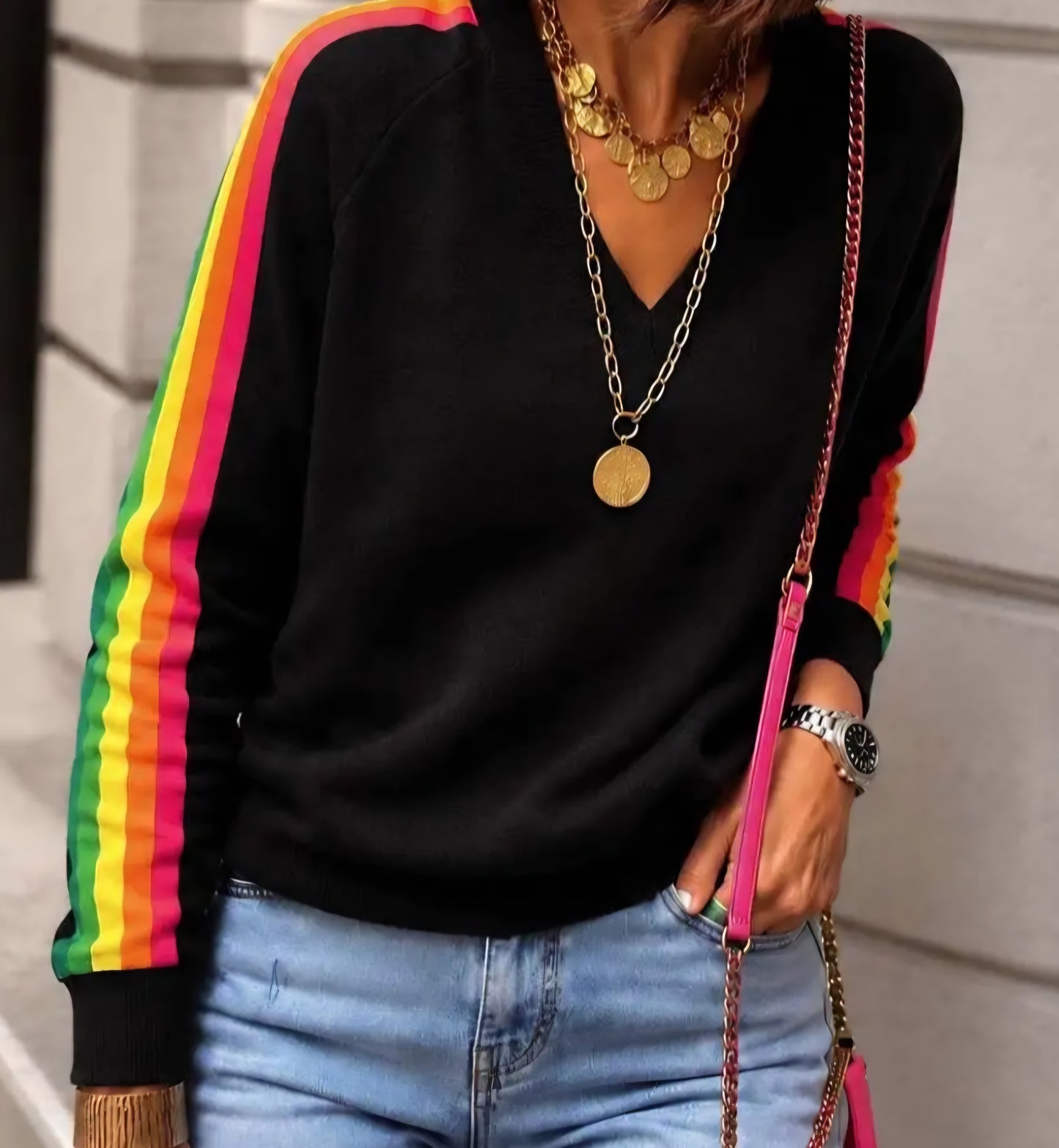 Jet Black Rainbow Side-Stripe V Neck Jumper
