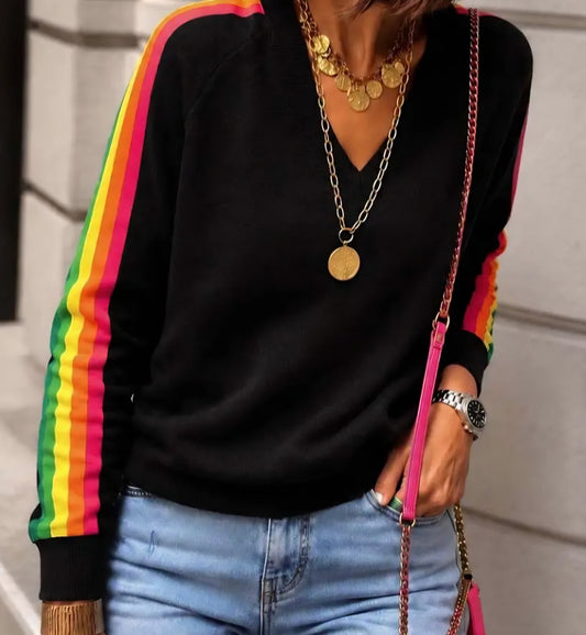 Jet Black Rainbow Side-Stripe V Neck Jumper