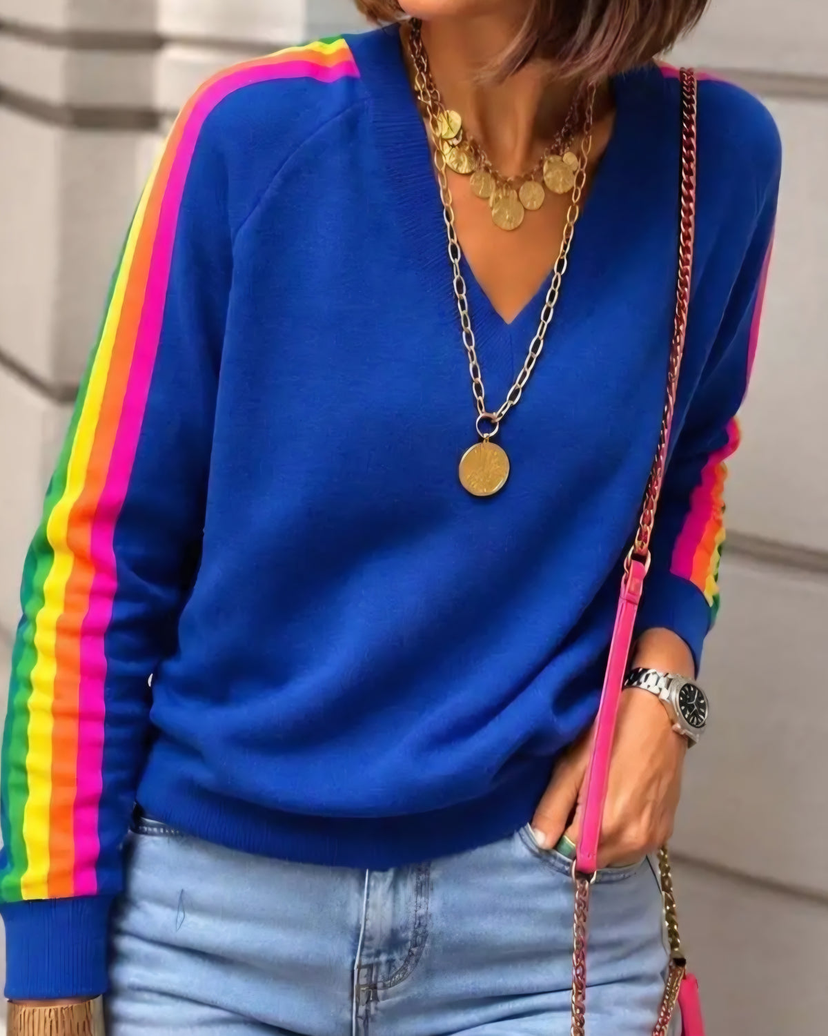 Cobalt Blue Rainbow Side-Stripe V Neck Jumper