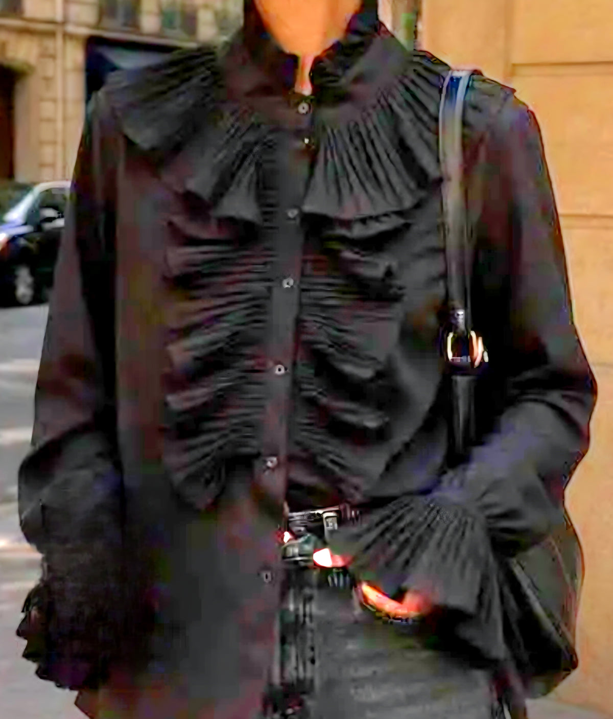 Black Pleated Ruffle Statement Blouse