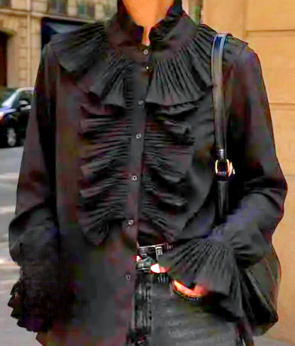 Black Pleated Ruffle Statement Blouse