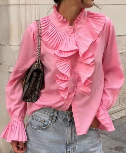 Pink Pleated Ruffle Statement Blouse