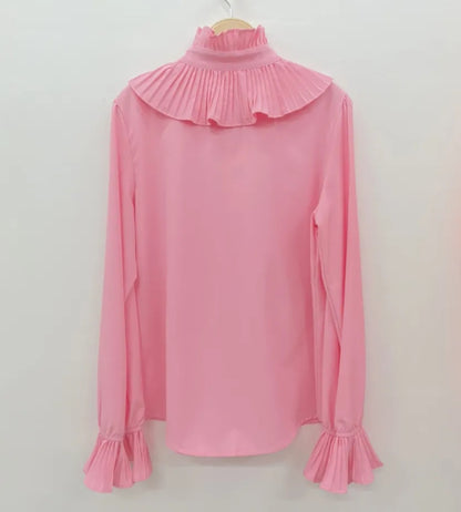 Pink Pleated Ruffle Statement Blouse