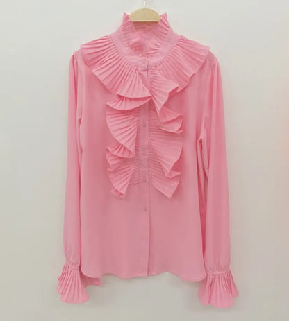 Pink Pleated Ruffle Statement Blouse
