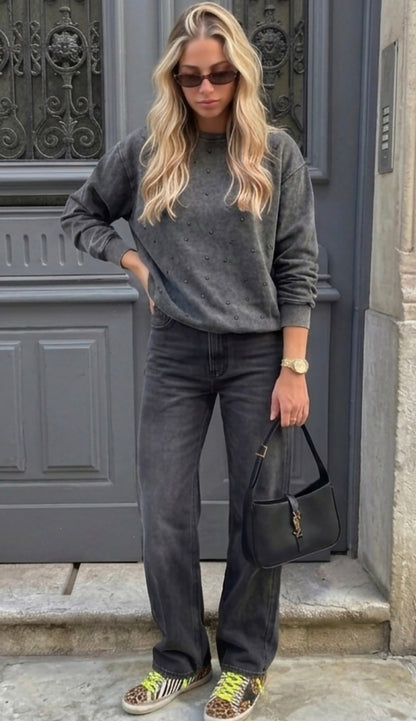 Washed Charcoal Jewel Embellished Sweatshirt