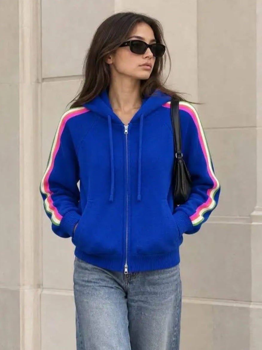 Vibrant Royal Blue Knit Zio Hoodie with Rainbow Stripe sleeve. Wool & Cotton Blend