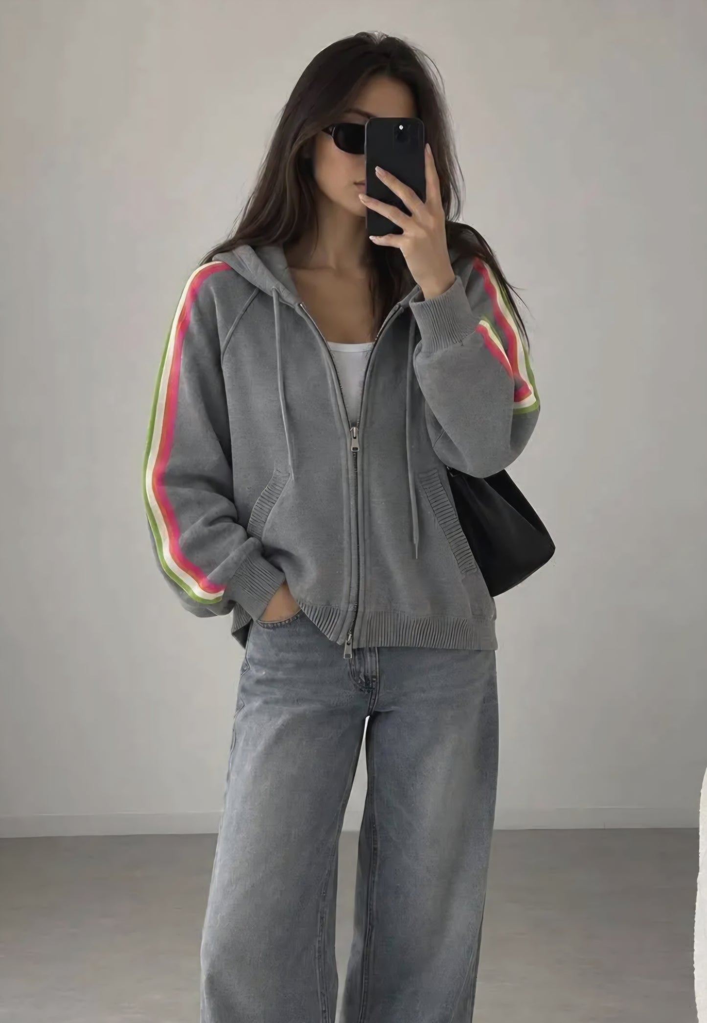 Light Grey Knit Zip Hoodie with Rainbow Sleeve. Wool & Cotton Blend