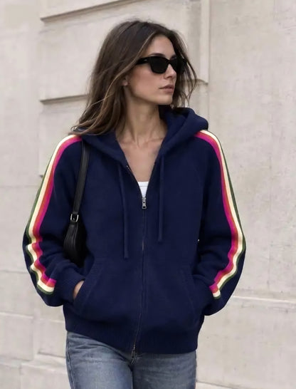 Classic Navy Zip Knit Hoodie with Rainbow Stripe. Wool & Cotton Blend