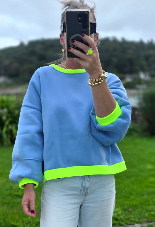 Boxy Fit Balloon Sleeve Blue Sweatshirt with Neon Yellow Trim ( Ships Oct 2nd)
