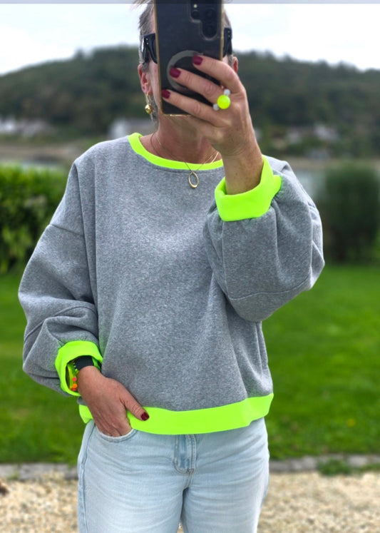 Grey Marl Sweatshirt with Neon Yellow Trim. Boxy fit. Balloon (DISPATCH OCT 5th')