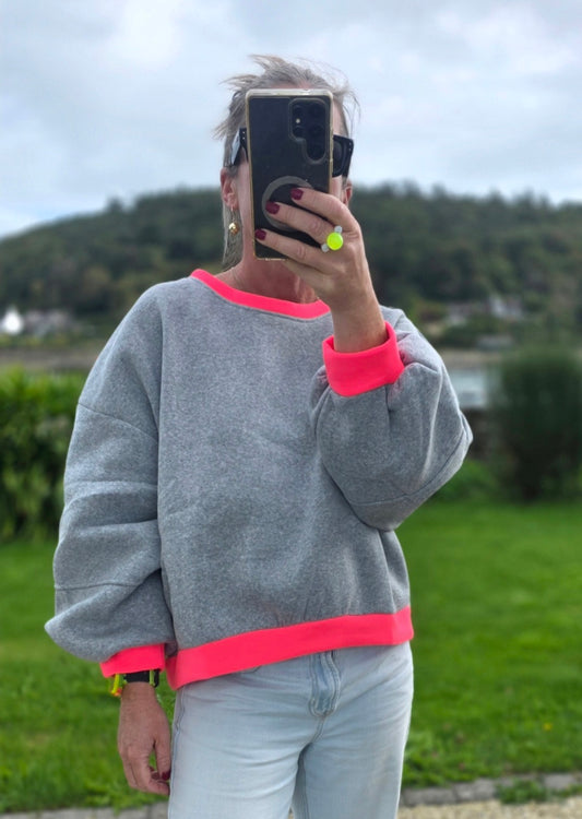 Grey Marl Sweatshirt with Neon Pink Trim. Boxy Fit Balloon Sleeve