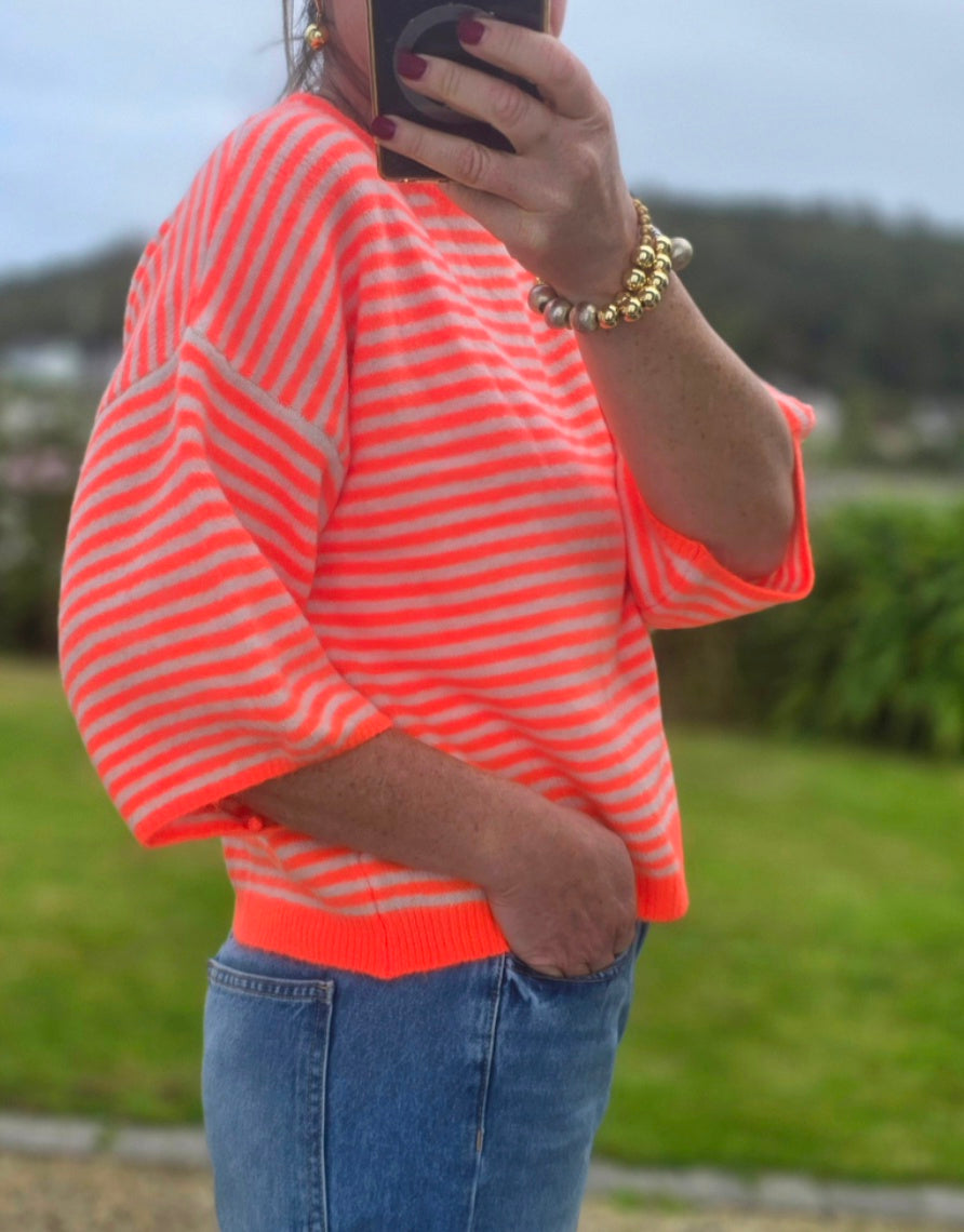 Neon Orange Striped Jumper in Super Kid Mohair and Wool Blend (Ships Sept 25th)