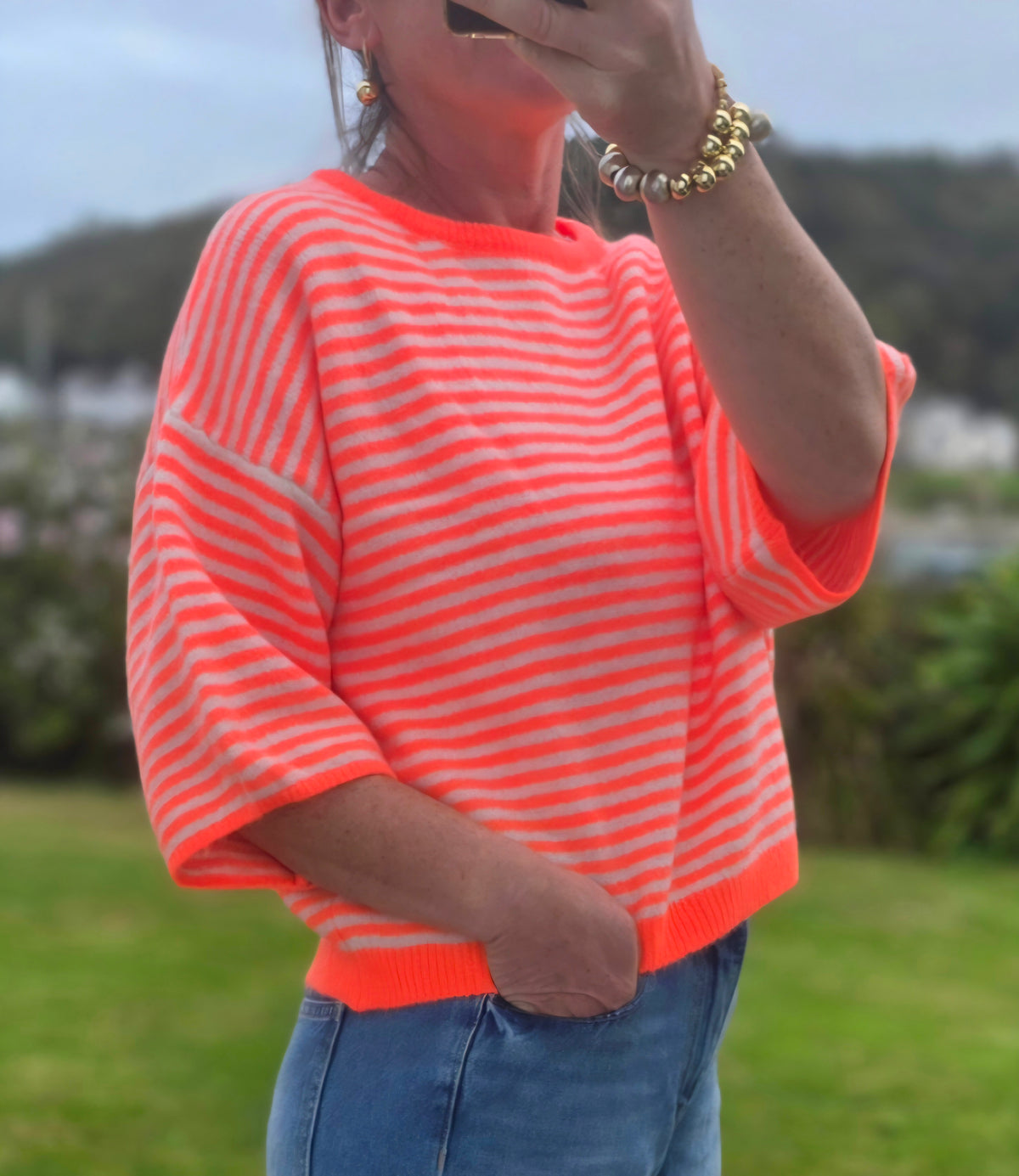Neon Orange Striped Jumper in Super Kid Mohair and Wool Blend (Ships Sept 25th)
