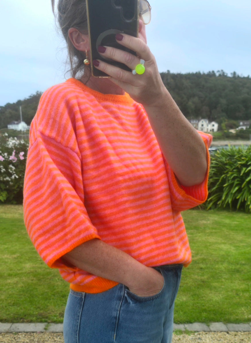 Orange & Pink Striped Sweater in Superkid Mohair & Wool Blend