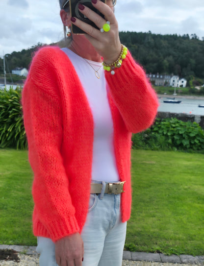 Neon Coral Chunky Knit Mohair Blend Open Cardigan
