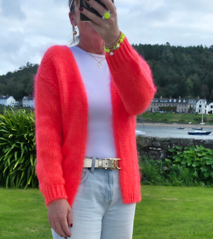 Neon Coral Chunky Knit Mohair Blend Open Cardigan
