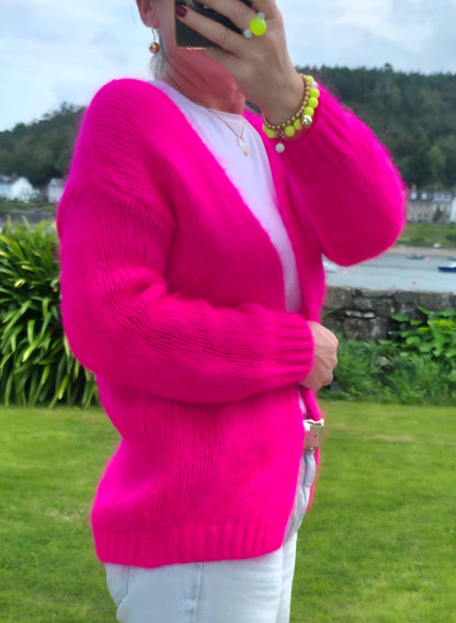 Neon Pink Chunky Knit Mohair- Blend Open Cardigan