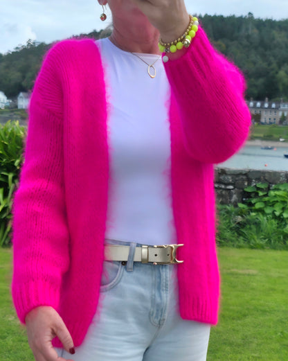 Neon Pink Chunky Knit Mohair- Blend Open Cardigan