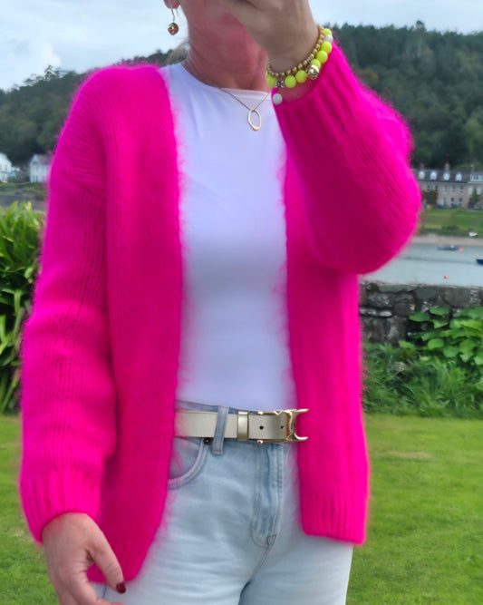 Neon Pink Chunky Knit Mohair- Blend Open Cardigan