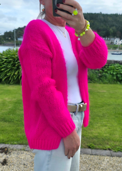 Neon Pink Chunky Knit Mohair- Blend Open Cardigan