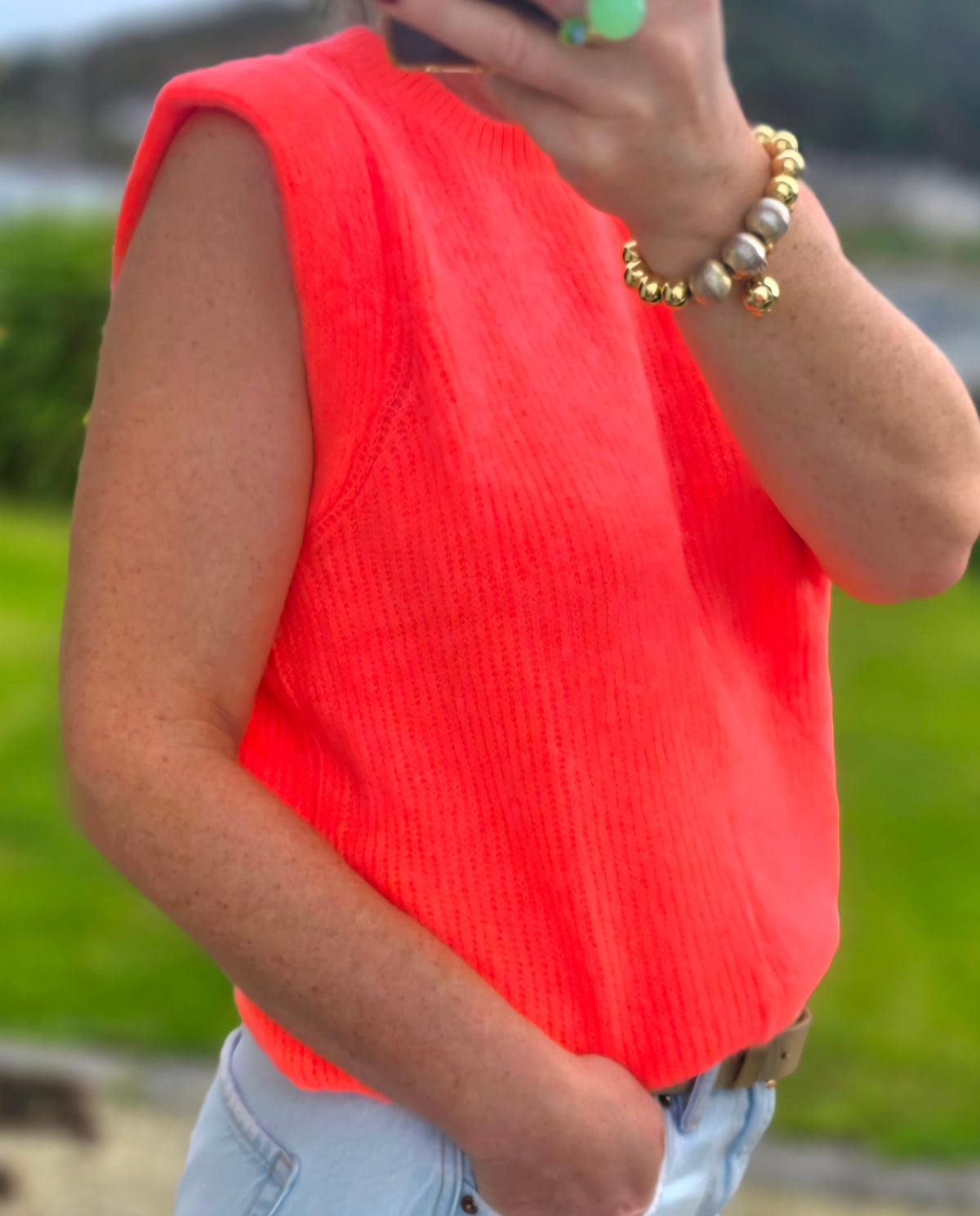 Neon Coral Ribbed Baby Alpaca- Blend Sleeveless Sweater