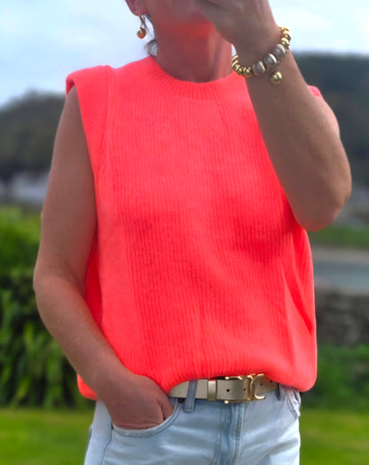 Neon Coral Ribbed Baby Alpaca- Blend Sleeveless Sweater