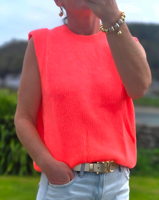 Neon Coral Ribbed Baby Alpaca- Blend Sleeveless Sweater