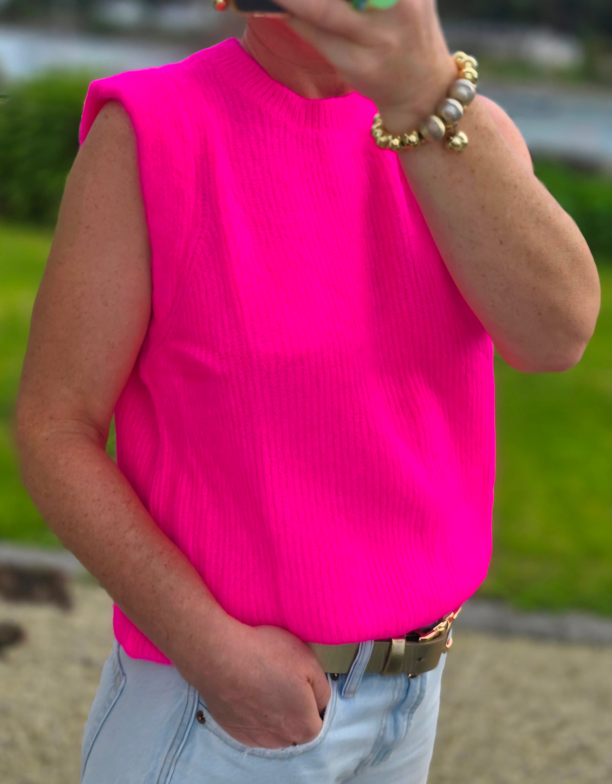 Neon Pink Ribbed Baby Alpaca-Blend Sleeveless Sweater
