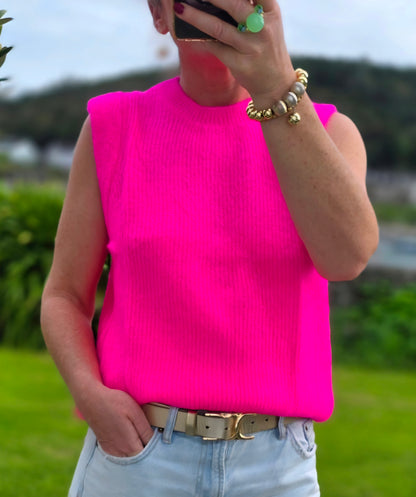 Neon Pink Ribbed Baby Alpaca-Blend Sleeveless Sweater