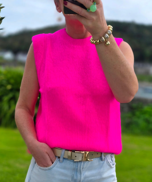 Neon Pink Ribbed Baby Alpaca-Blend Sleeveless Sweater