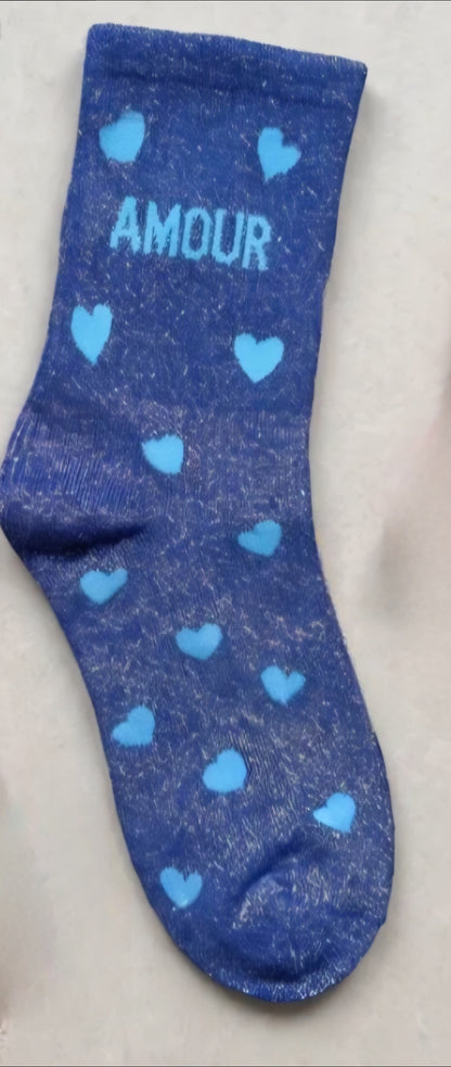 'Amour' Metallic Blue & Light Blue Heart Socks