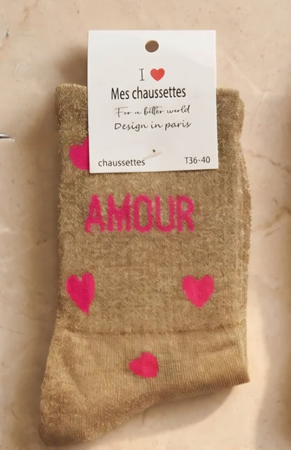 'Amour' Metallic Gold & Nein Pink Heart Socks