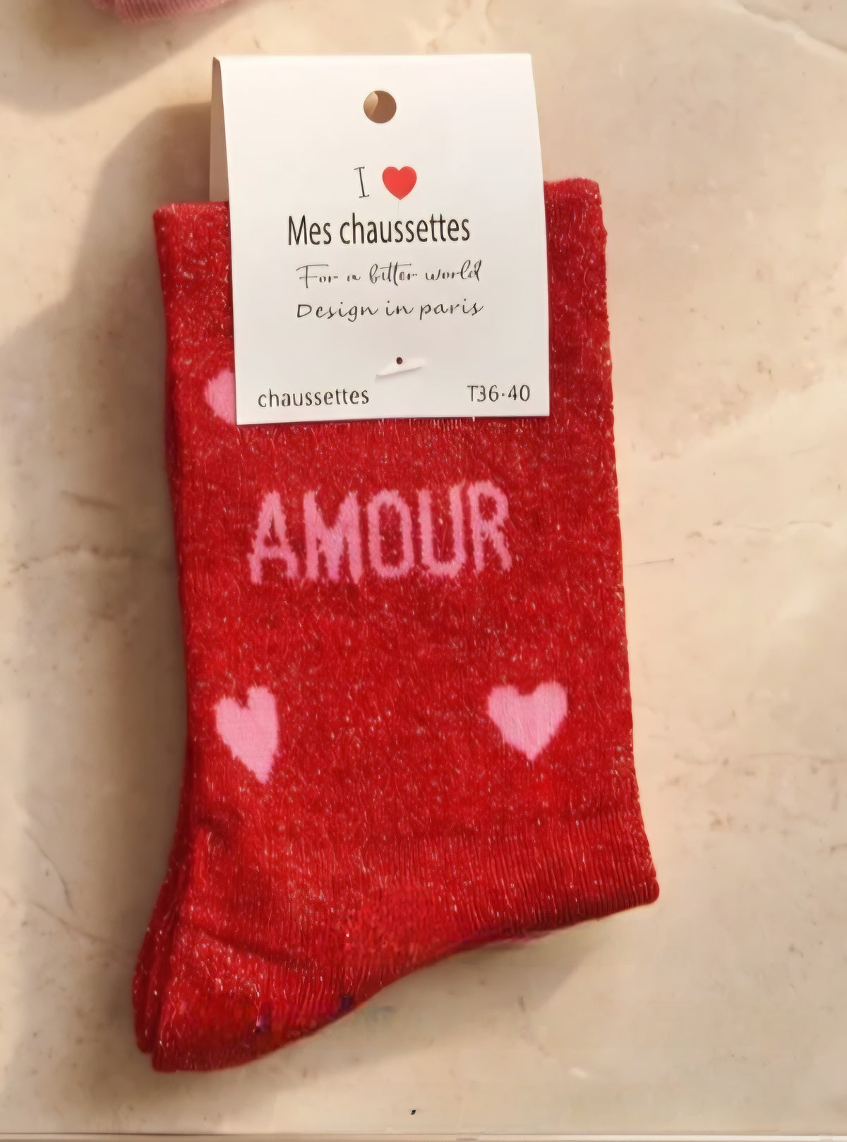 'Amour' Metallic Red & Pale Pink Heart Socks